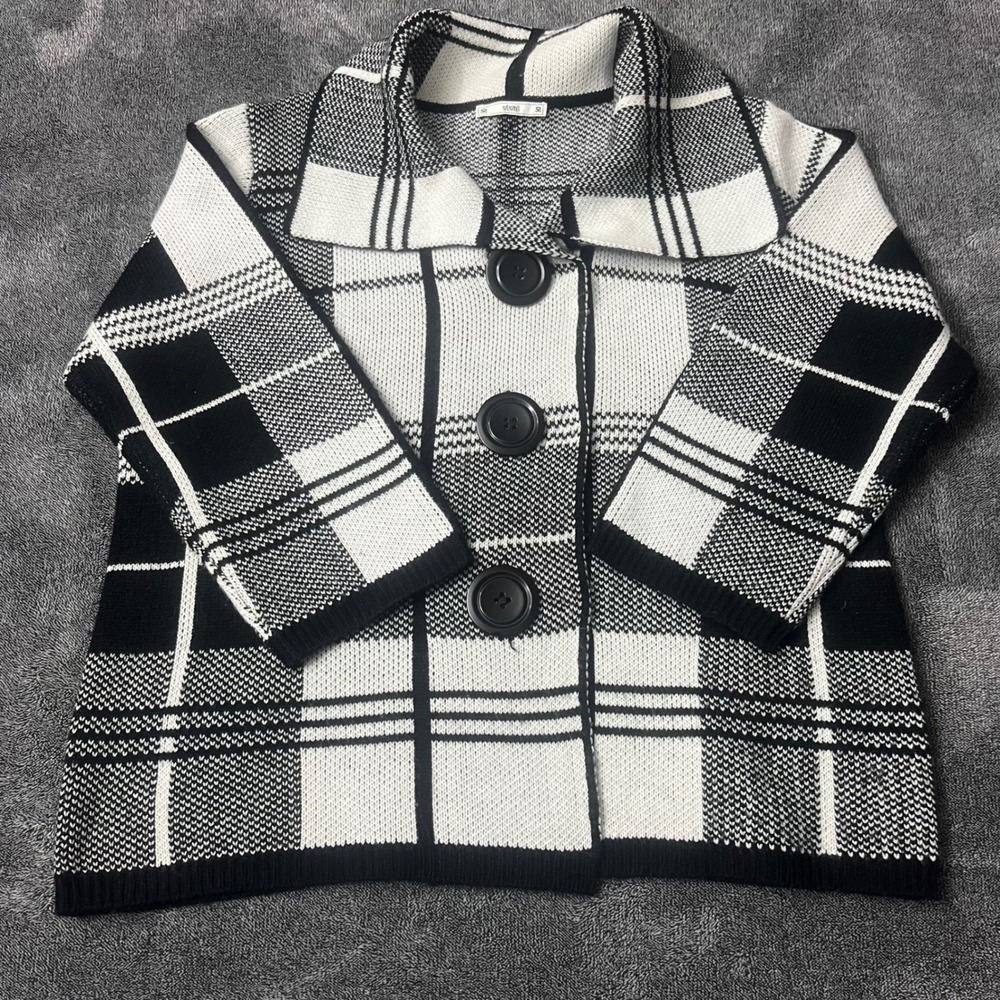 Sioni Black White Plaid Knit Cardigan Sweater Large Button Spread Collar Womens